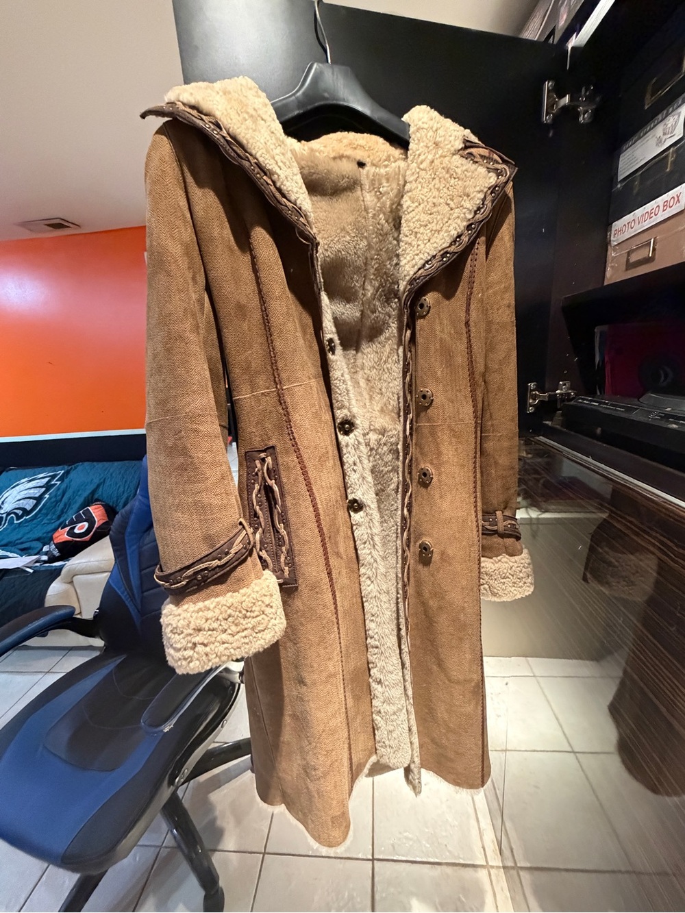 Louis Feraud Vintage Suede Shearling Coat Penny Lane Afghan Boho Hooded Jacket 8